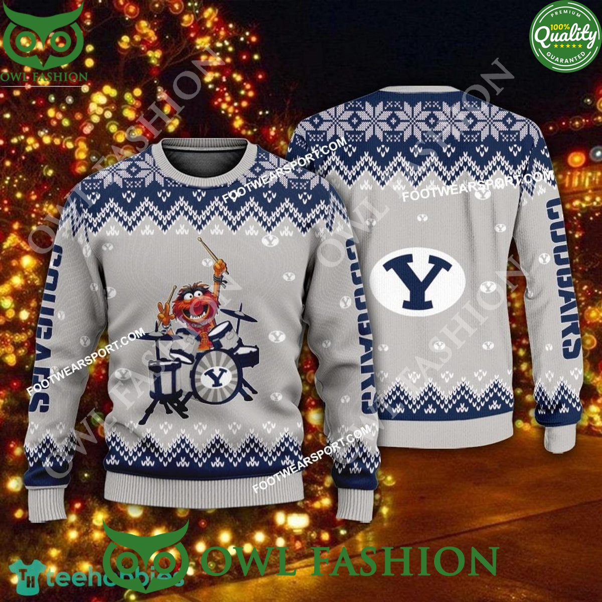 Logo Pattern Muppets Play Drums BYU Cougars Ugly Sweater Xmas