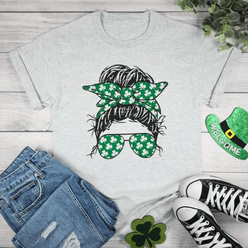 zMessy Bun St. Patrick's Day Graphic Tee Hoodie, Sweatshirt | RetroVerseTees.com